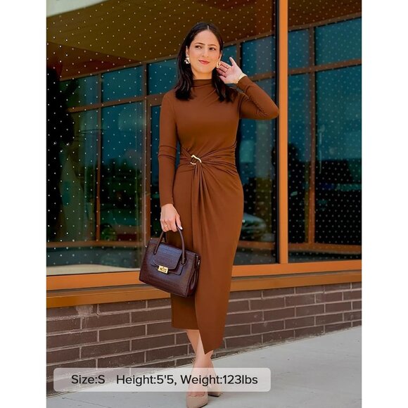 Zesica Women's Caramel Long Sleeve Mock Neck Long Midi Bodycon Cocktail Dress - Picture 7 of 7